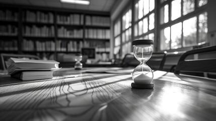 A glass hourglass on a study table, symbolizing managing time wisely for a student