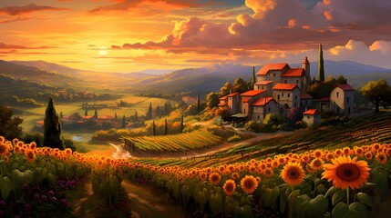 Panoramic view of Tuscany with sunflowers.
