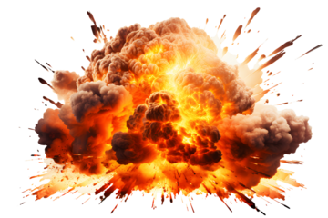 Fireballs orange, black exploded in air from attack war onslaught violent and dangerous. Isolated on cut out PNG or transparent background. Simulated bombing. Abstract texture pattern.