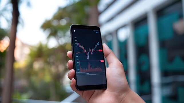 hand holding mobile phone screen with trading candlestick charts trading, trading concept