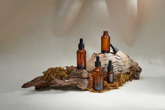 Glass bottle with cosmetic essential oil and natural wooden branch