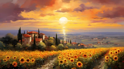Foto auf Leinwand Sunflower field at sunset in Tuscany, Italy. Digital painting © Iman