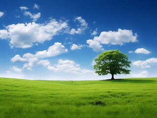 Fototapeta na wymiar tree on a field and cloudy blue sky