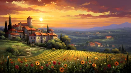 Möbelaufkleber Panoramic view of Tuscany with sunflowers at sunset © Iman