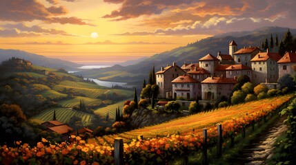 Panoramic view of the vineyard in Tuscany, Italy