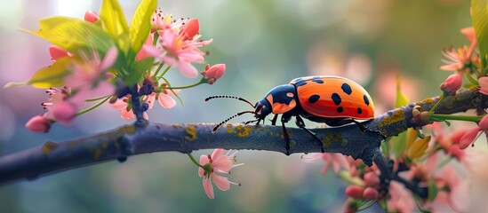 A red and black ladybug is sitting on top of a tree branch, with small flowers visible in the background. The beetle seems to be resting or hunting for food in its natural habitat.