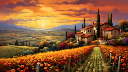 Tuscany landscape at sunset, Italy. Panoramic view