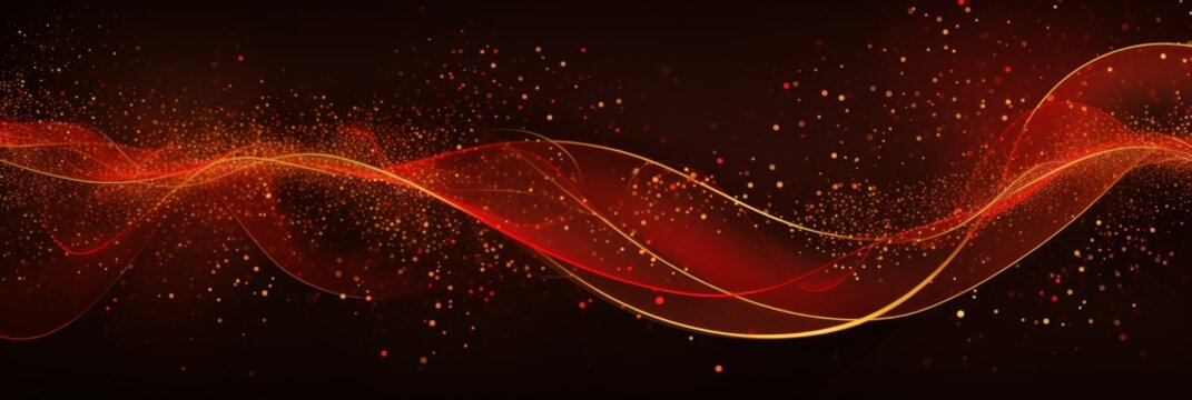 On red background golden lines with particles, banner