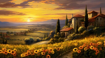 Panorama of Tuscan countryside with sunflowers and village at sunset
