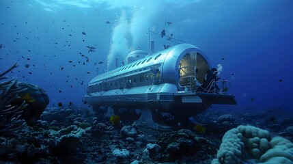 Fototapeta premium Futuristic Undersea Boat among Corals, To provide a striking and imaginative visual for futuristic underwater exploration and adventure