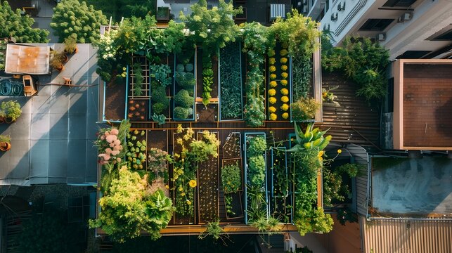 Urban Rooftop Garden View from Above, To provide a unique and visually appealing stock photo of an urban rooftop garden, showcasing the beauty and