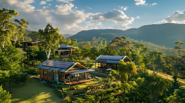 Chalets Overlooking Forest in Australian Landscape, To provide a visually appealing and serene image of chalets in an Australian landscape, suitable