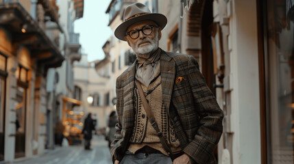Fototapeta premium Stylish Senior Man with Hat and Glasses on City Street