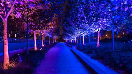 Purple Illuminated Walkway in the Park at Night, To provide a visually appealing and peaceful image of a lit up pathway in a park for use in various