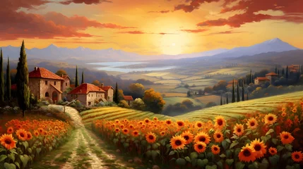Foto op Canvas Panoramic view of Tuscany with sunflowers at sunset © Iman