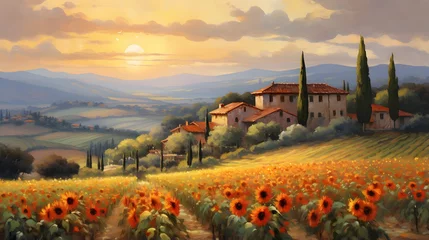 Foto auf Leinwand Sunflower field at sunset in Tuscany, Italy. Panorama © Iman