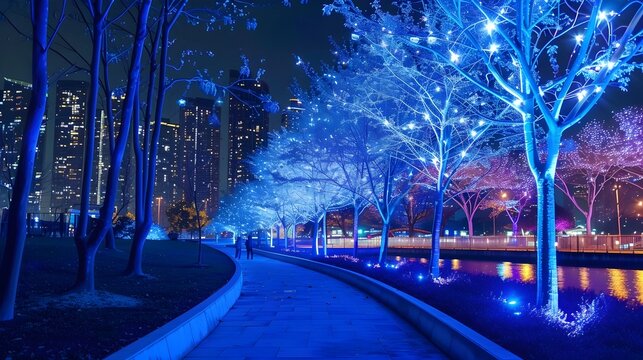 Blue Tree Lights Along City Walkway, To provide a visually appealing and festive image of a city in winter, suitable for holiday-themed marketing
