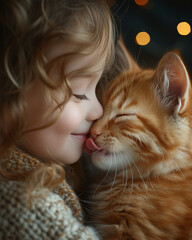 Close up image of a small girl and her pet cat