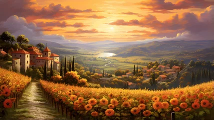 Fototapeten Panoramic view of Tuscany with sunflowers at sunset © Iman