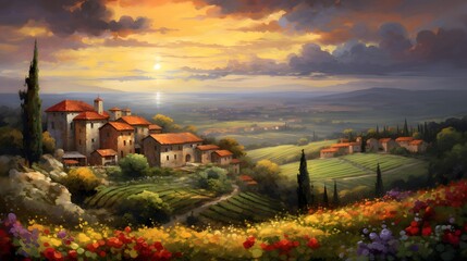 Panoramic view of Tuscan countryside at sunset, Italy.
