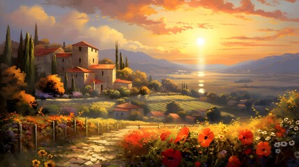 Panoramic view of Tuscany at sunset with poppies