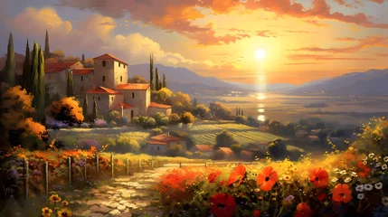 Fototapete Panoramic view of Tuscany at sunset with poppies © Iman