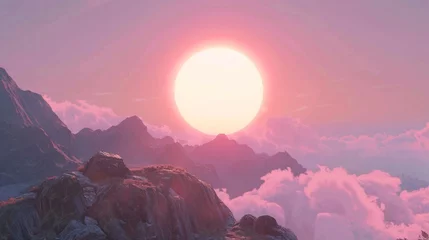 Cercles muraux Rose  A majestic sunrise illuminating mountain peaks and a sea of clouds in a vibrant, surreal landscape.