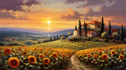 Fototapete Sunflower field in Tuscany, Italy. Panoramic view © Iman