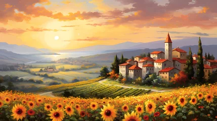 Fototapete Panoramic view of sunflower field in Tuscany, Italy © Iman
