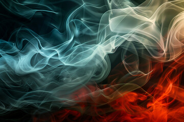Abstract swirls of blue, gray and red smoke, interlacing shades, black background