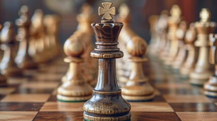 Fototapeta premium closeup of a king chess piece surrounded by other pieces on a chess board