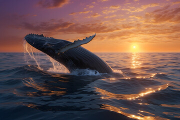A humpback whale jumping the surface of water at sunset - obrazy, fototapety, plakaty