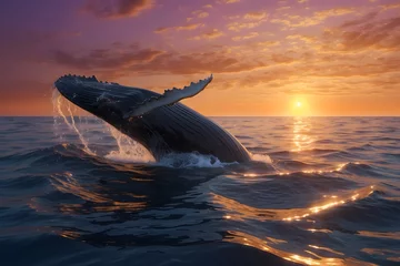 Foto op Aluminium A humpback whale jumping the surface of water at sunset © AungThurein
