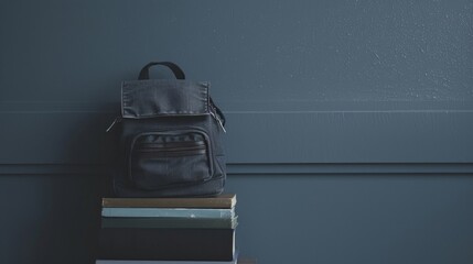 A minimalist setup featuring a dark backpack resting on a stack of hardcover books against a textured blue wall.
