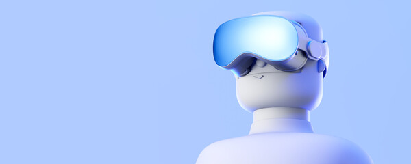 Cartoon character wearing virtual reality glasses on a white background. Mixed reality VR glasses. AR, MR, HR. Modern gadgets and technology concept.3d rendering