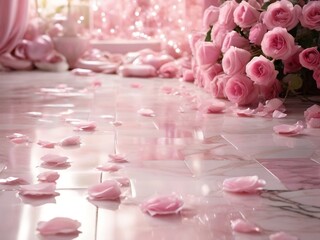 A bouquet of pink roses sits on a marble floor decorated with rose petals.