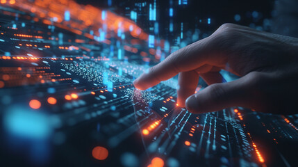 An HD closeup capturing the dexterity of a computer programmer's hand as they use a touchscreen digital tablet, with a backdrop of code and global internet connectivity visuals