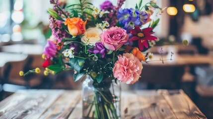 A vibrant bouquet of mixed flowers in a glass vase placed on a rustic wooden table.