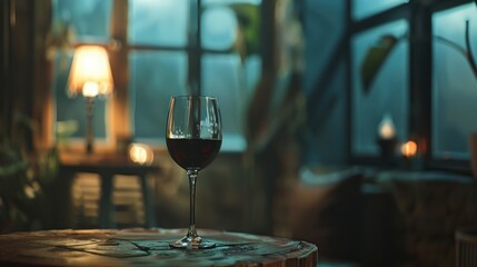 A serene indoor scene featuring a glass of red wine on a rustic wooden table with soft lighting. - Powered by Adobe