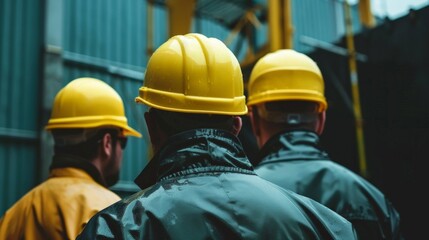 Construction workers in yellow helmets and reflective jackets standing against an industrial backdrop.