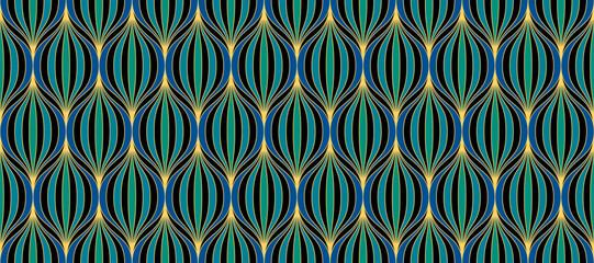 Retro art deco blue, green, black seamless pattern. Repeated leaves, feather or floral motif. Golden decorative texture for wallpaper, textile, fabric, print swatch. Vector vintage ornament backdrop