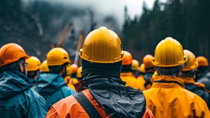 Construction workers in orange raincoats and yellow helmets at a rainy outdoor site.