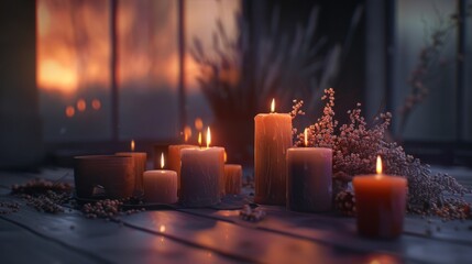 Illuminated candles with dried flowers against a dusky window, creating a serene ambiance.