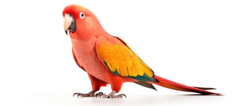 A vibrant red and yellow Galah parrot, a native Cityn species, proudly stands on its hind legs in a beautifully composed portrait. The birds magnificent crest is on full display against an isolated