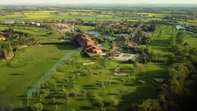 Aerial View Of Peralada Golf Resort In Province of Girona, Catalonia. Push Forward Shot