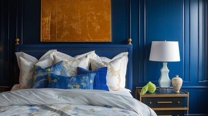 Bold brush strokes of indigo and gold creating an elegant bedroom accent