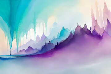 Abstract watercolor landscape with seascape and cool waves.