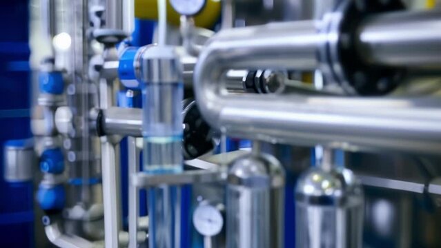A closeup of a water filtration system being used in the factory demonstrating the companys efforts to conserve and reuse water resources in their production processes.