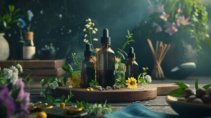 Dark amber bottles of essential oils with fresh herbs and flowers, creating a mystical atmosphere for wellness and relaxation.