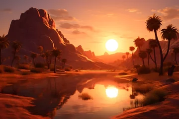 Rolgordijnen Sunrise at a Desert Oasis: The sun rising over a tranquil desert oasis, casting a warm and golden glow on the landscape.   © Tachfine Art